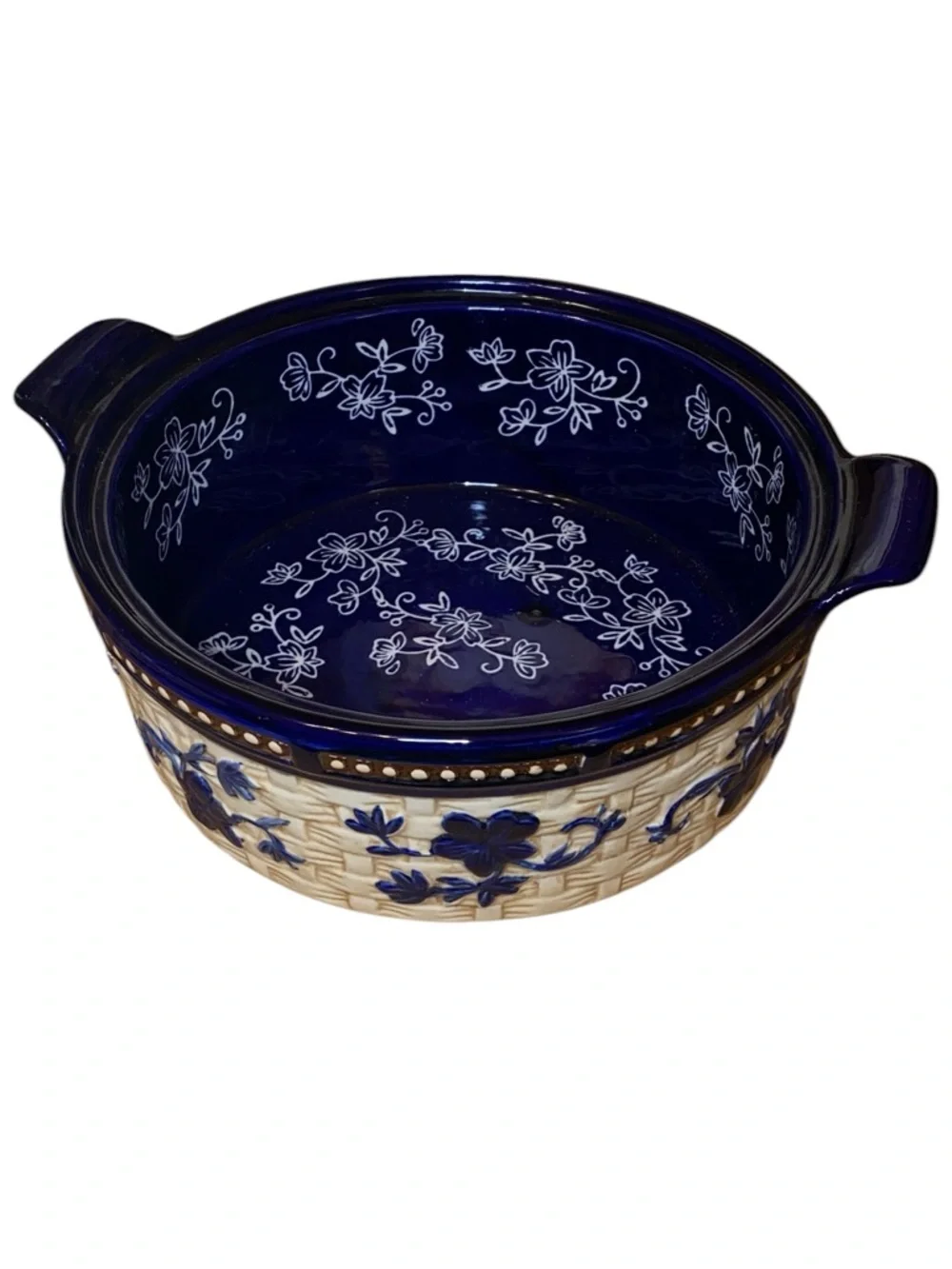 TEMP-TATIONS 2 QT CASSEROLE DISH Floral Lace Basketweave Design Blue Tan White